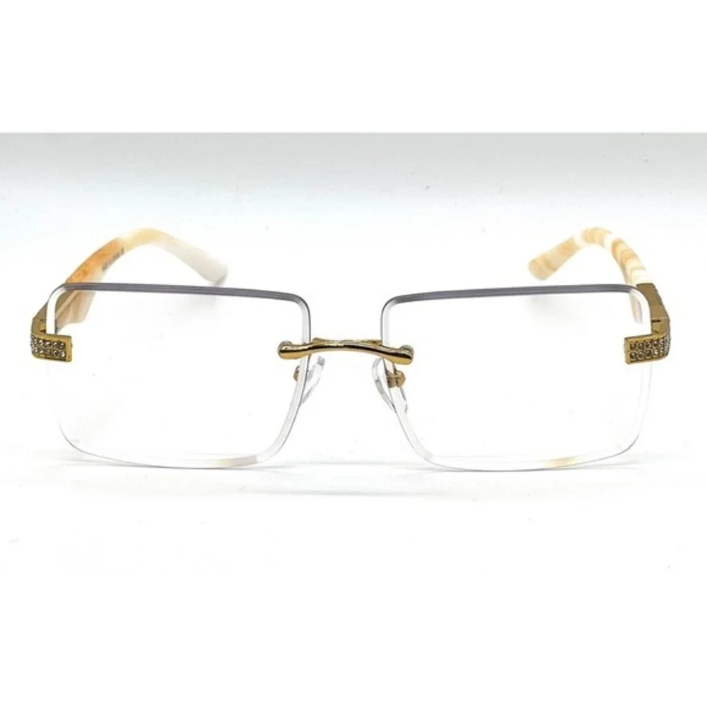 Women Rimless Clear Lens Tint Marble Arm Gold Frame Diamond Sunglasses Gafas New
